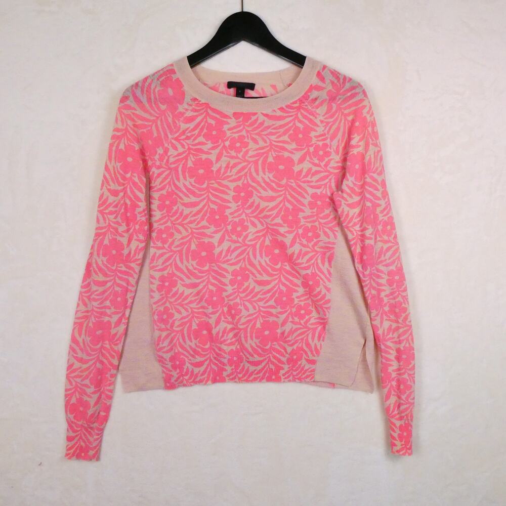 J. Crew Neon Pink Tan Floral Sweater Size S Linen Blend Bright Modern Colorful